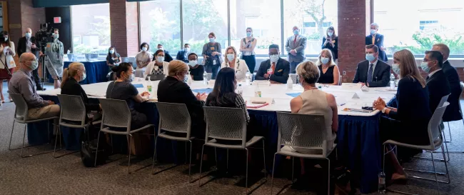 U.S. Secretary of Health and Human Services Xavier Becerra and Congresswoman Lori Trahan at conference table U.S. Secretary of Health and Human Services Xavier Becerra and Congresswoman Lori Trahan at conference table