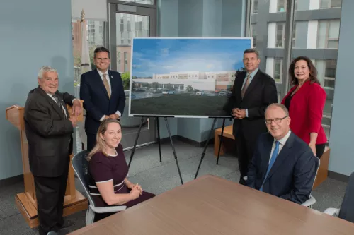 Standing L to R: State Representative Paul Donato; Malden Mayor Gary Christenson; Michael Dandorph, President and Chief Executive Officer of Tufts Medicine; Kelly Corbi, President of MelroseWakefield Hospital and Lawrence Memorial Hospital of Medford; Seated L to R: Malden Ward 3 City Councilor Amanda Linehan; Senator Jason Lewis