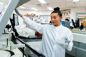 Sabrina Doherty, medical technologist, working in laboratory medicine at Tufts Medical Center.